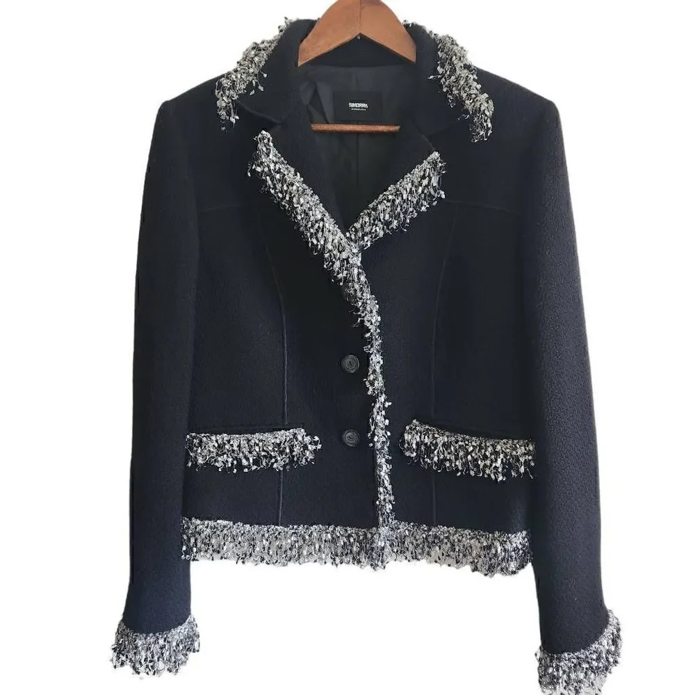 Simorra Barcelona Jacket Blazer Womens 10 Wool Fringe Button Front Career Work L